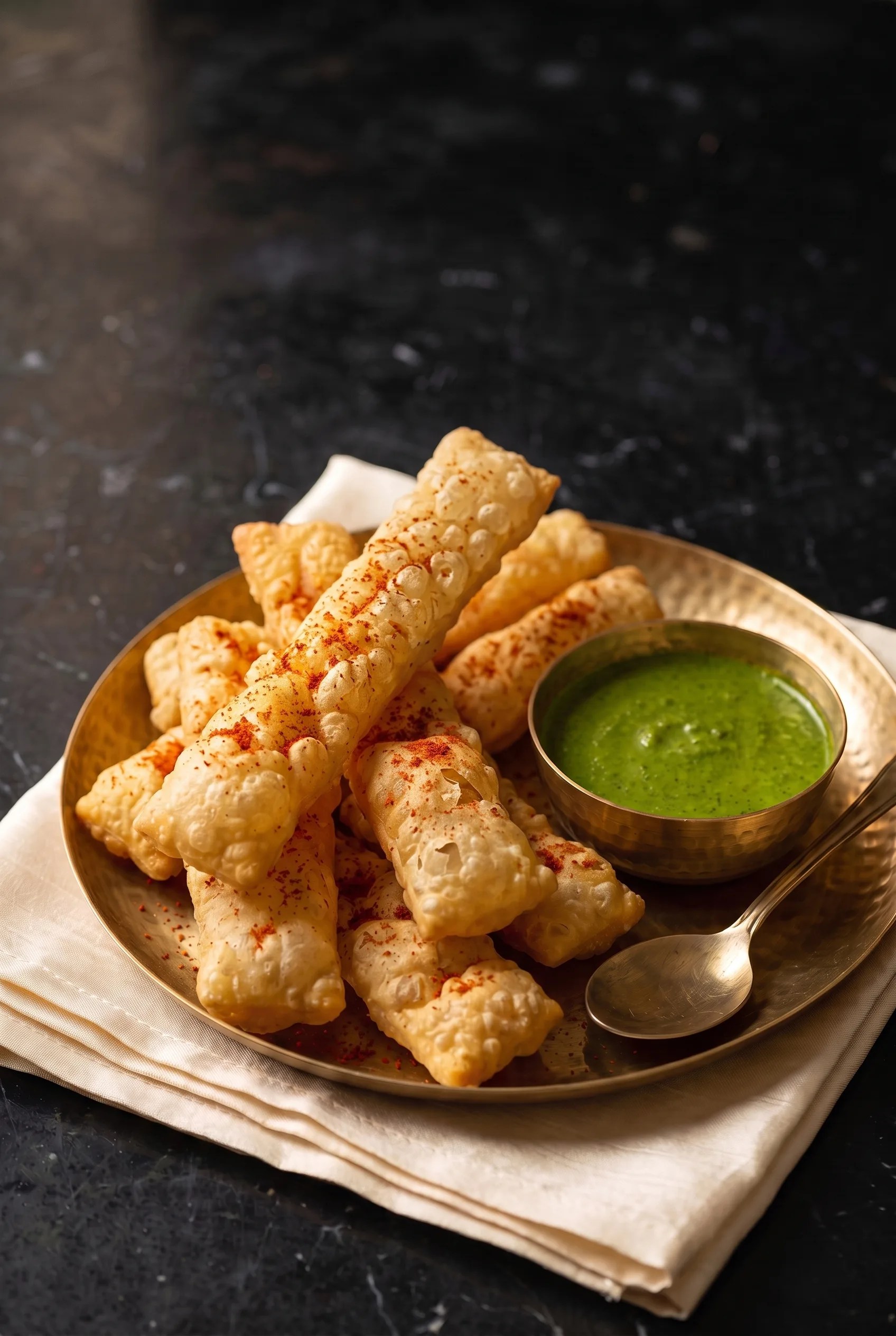 Fluffy golden chorafali sticks with chilli and green chutney