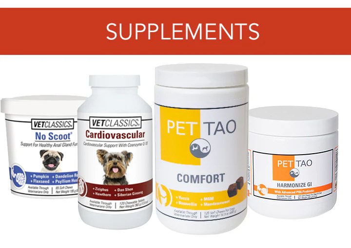 A display of four pet supplement products, including VetClassics 'No Scoot', 'Cardiovascular', and two PET TAO products: 'Comfort' and 'Harmonize GI'.