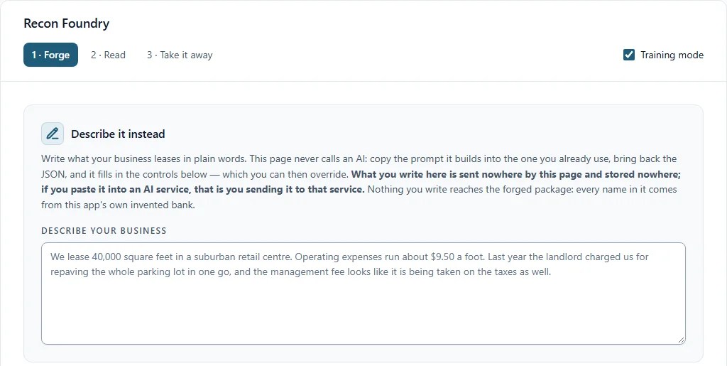 Recon Foundry's forge step: describe a business in plain words and forge a synthetic reconciliation package.