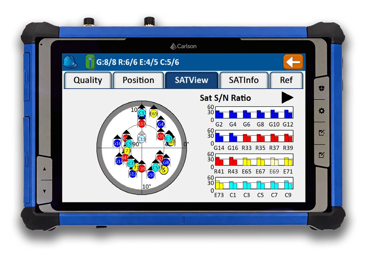 Carlson RT5 data collector showing GNSS satellite tracking interface