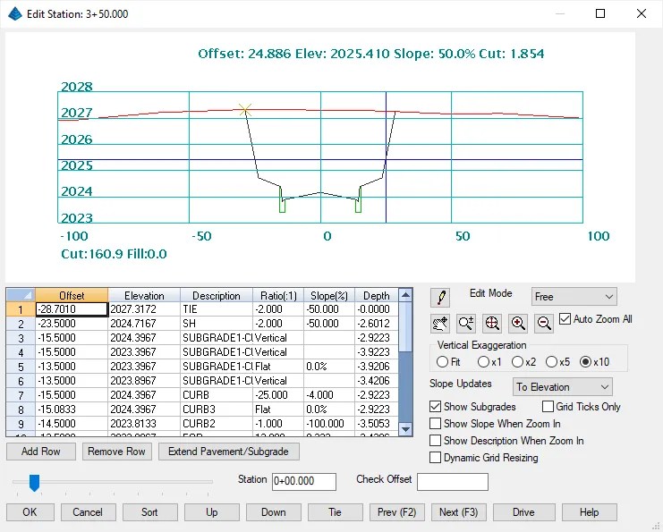 Carlson Takeoff road sections and estimating report interface