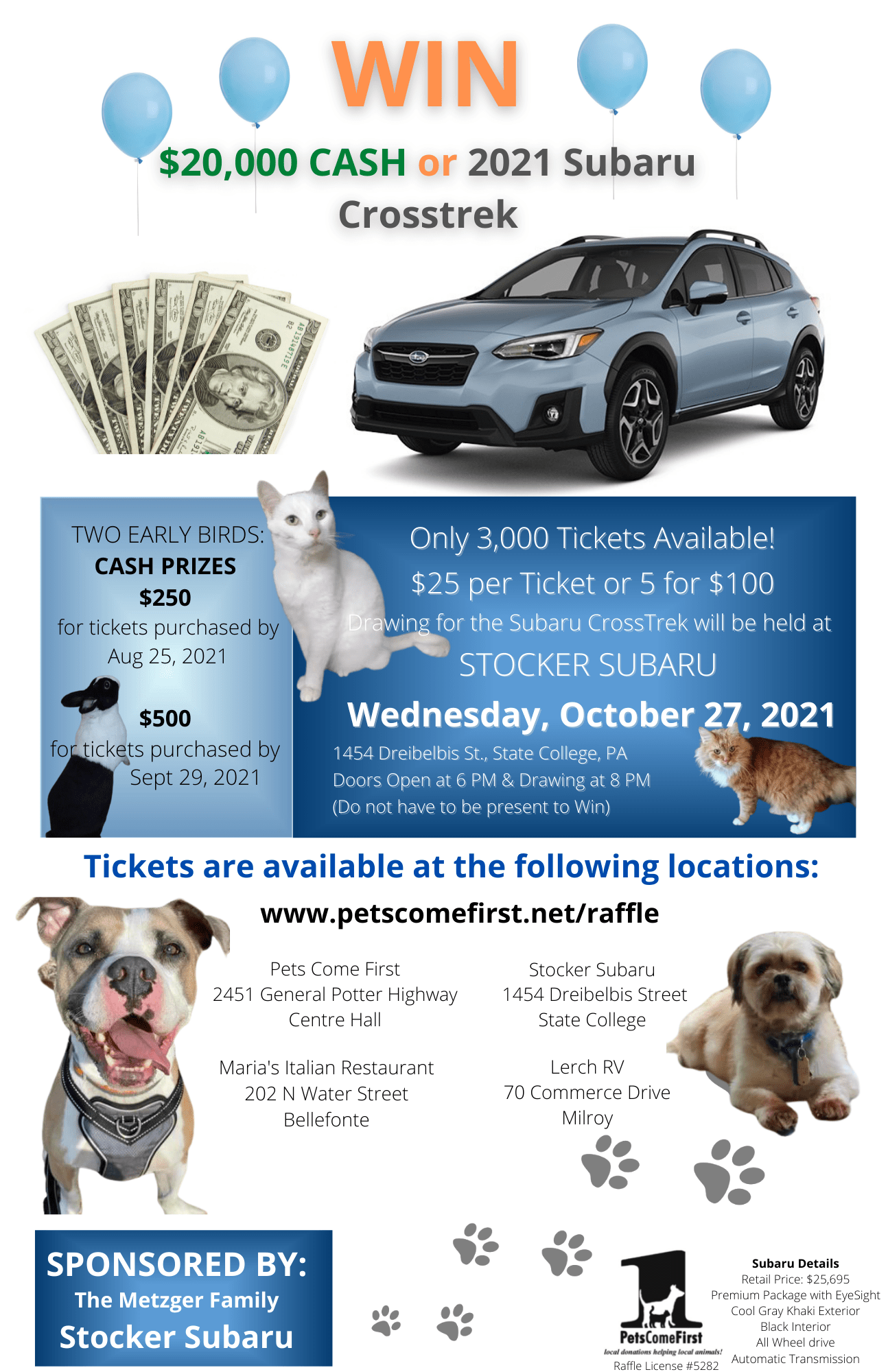 win 20000 or a 2021 subaru crosstrek - pets come first on pets come first raffle