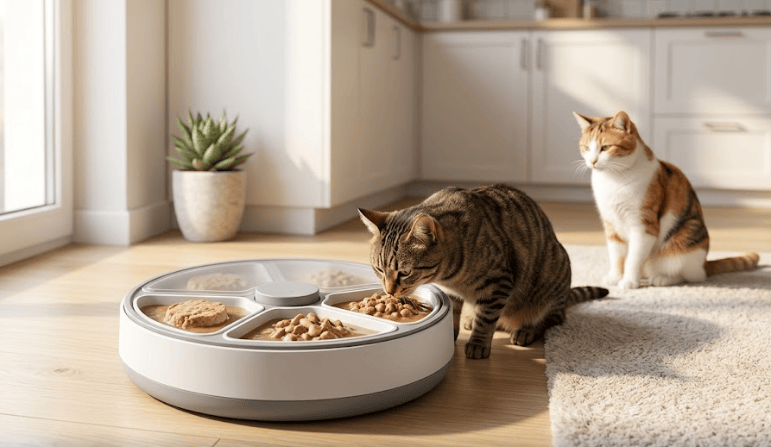 two cats eating from simple automatic feeder with five separate food compartments