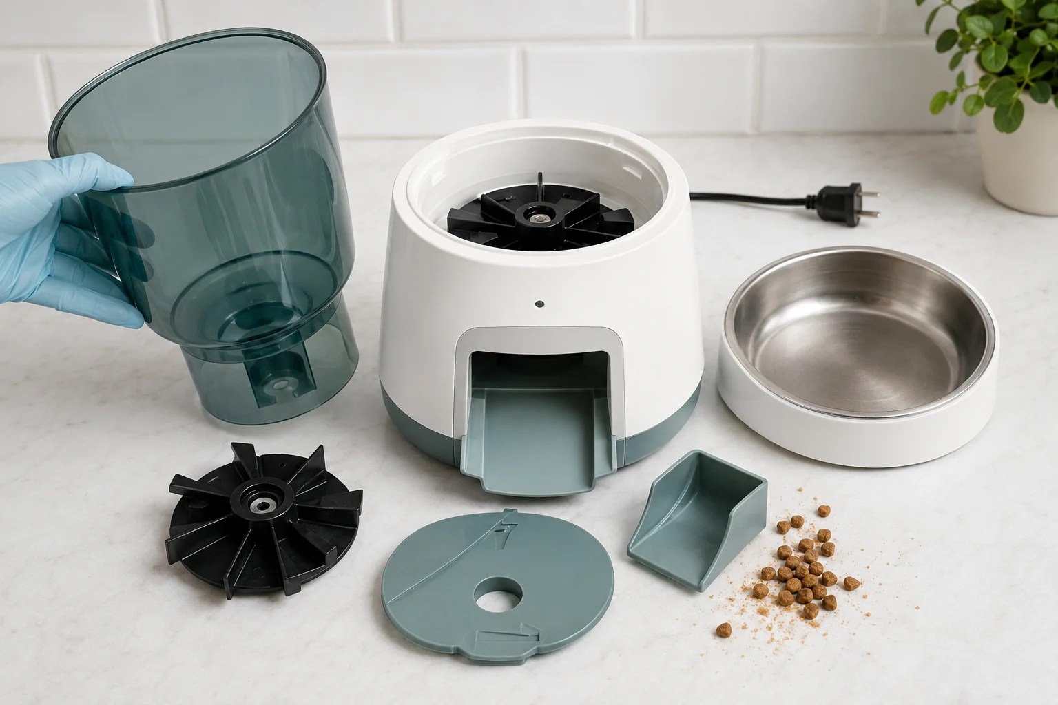 An unplugged automatic feeder with its removable hopper, rotor, cover, bowl, and food outlet ready for cleaning.
