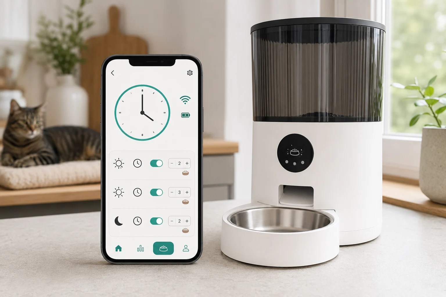 A smartphone meal schedule beside a smart automatic cat feeder with an empty bowl.