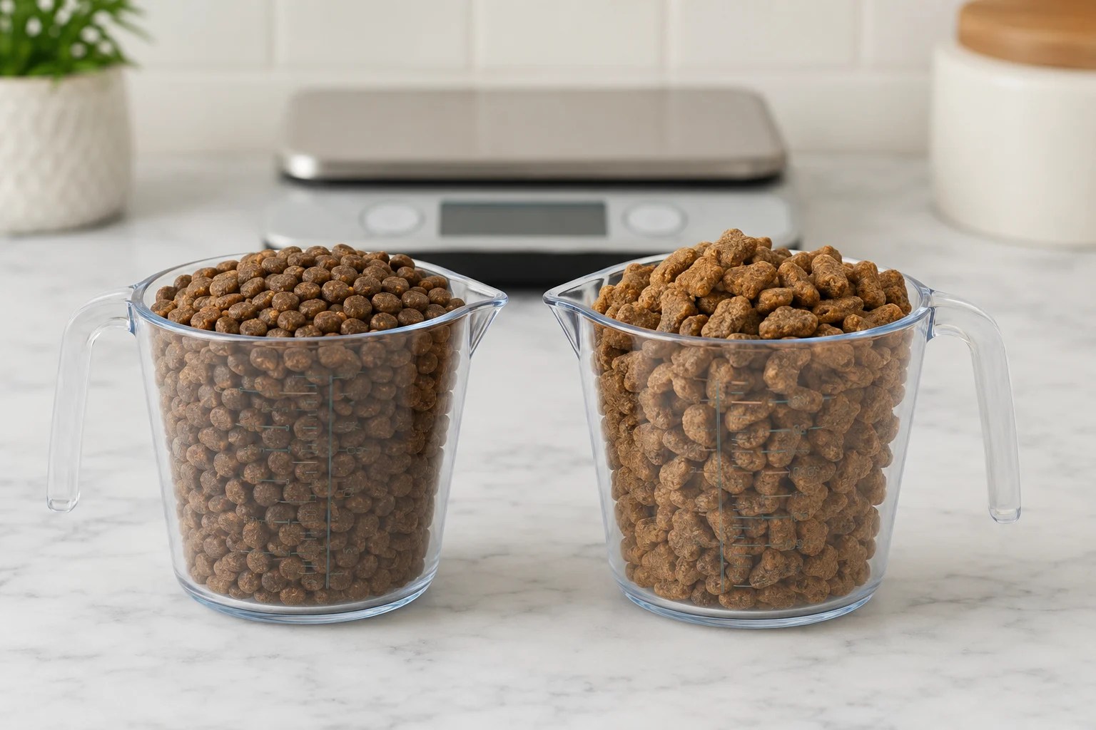 Two equal-volume measuring cups filled with different sizes and shapes of dry cat food beside a kitchen scale.