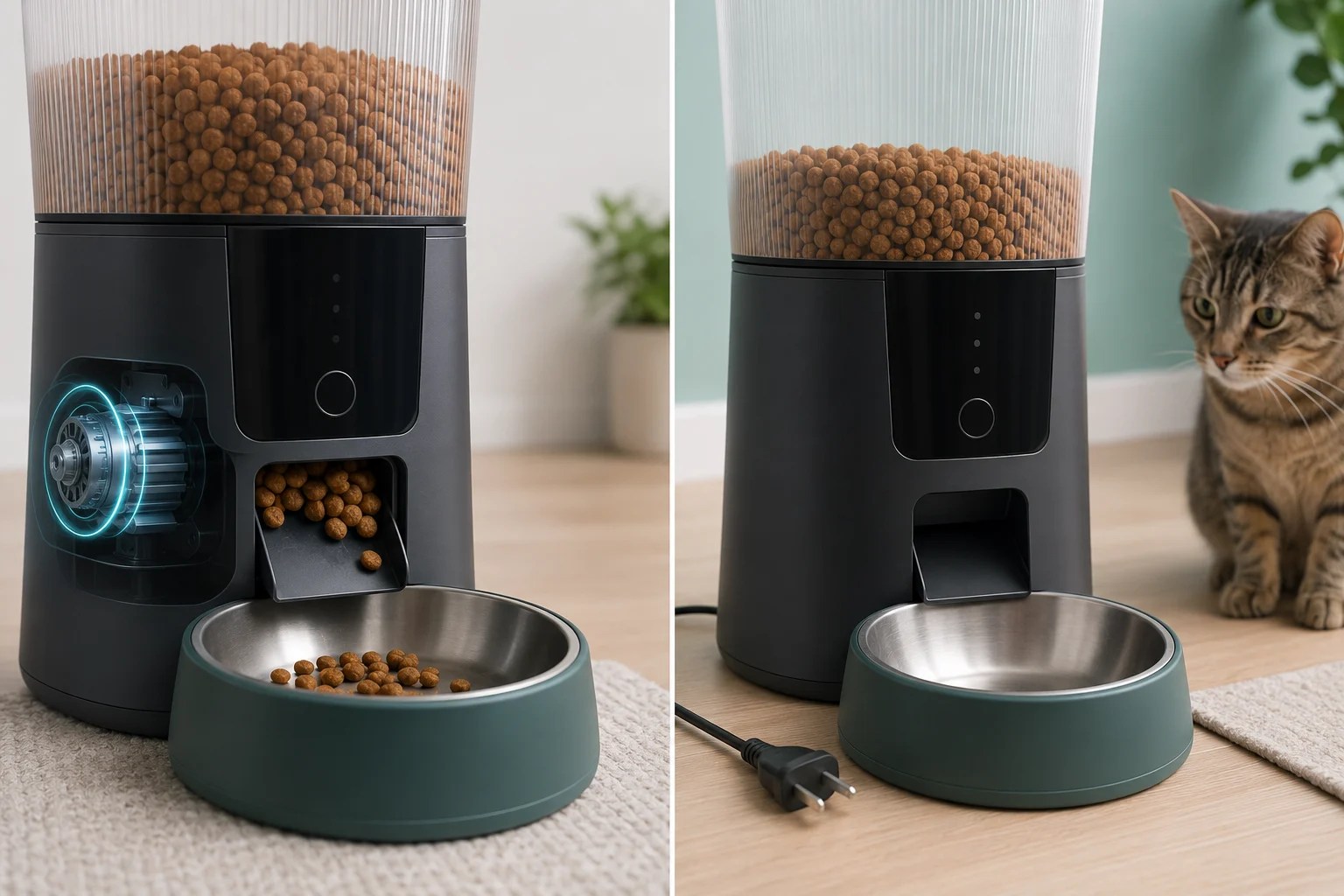 A comparison between an automatic feeder with a working motor and a feeder that is not receiving power.