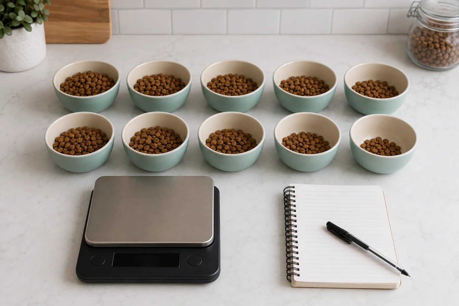 Ten automatic feeder test portions arranged beside a digital kitchen scale and notebook.