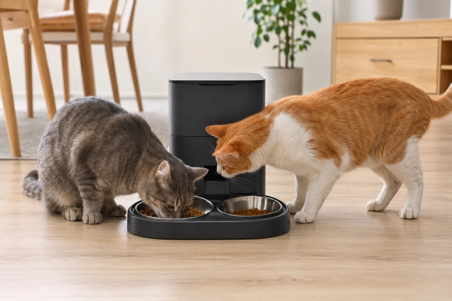 Two cats eating from a divided automatic feeder while one cat reaches toward the other cat's bowl.