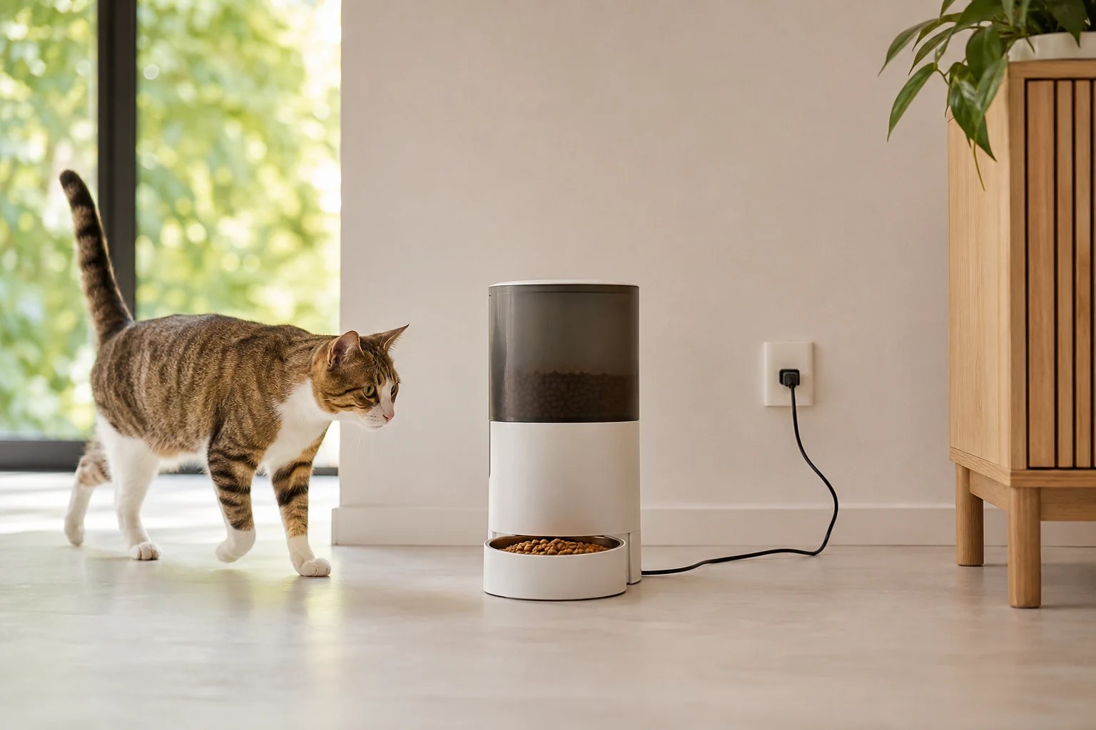 An automatic cat feeder positioned on a clean hard floor away from walls, cracks, and food spills.