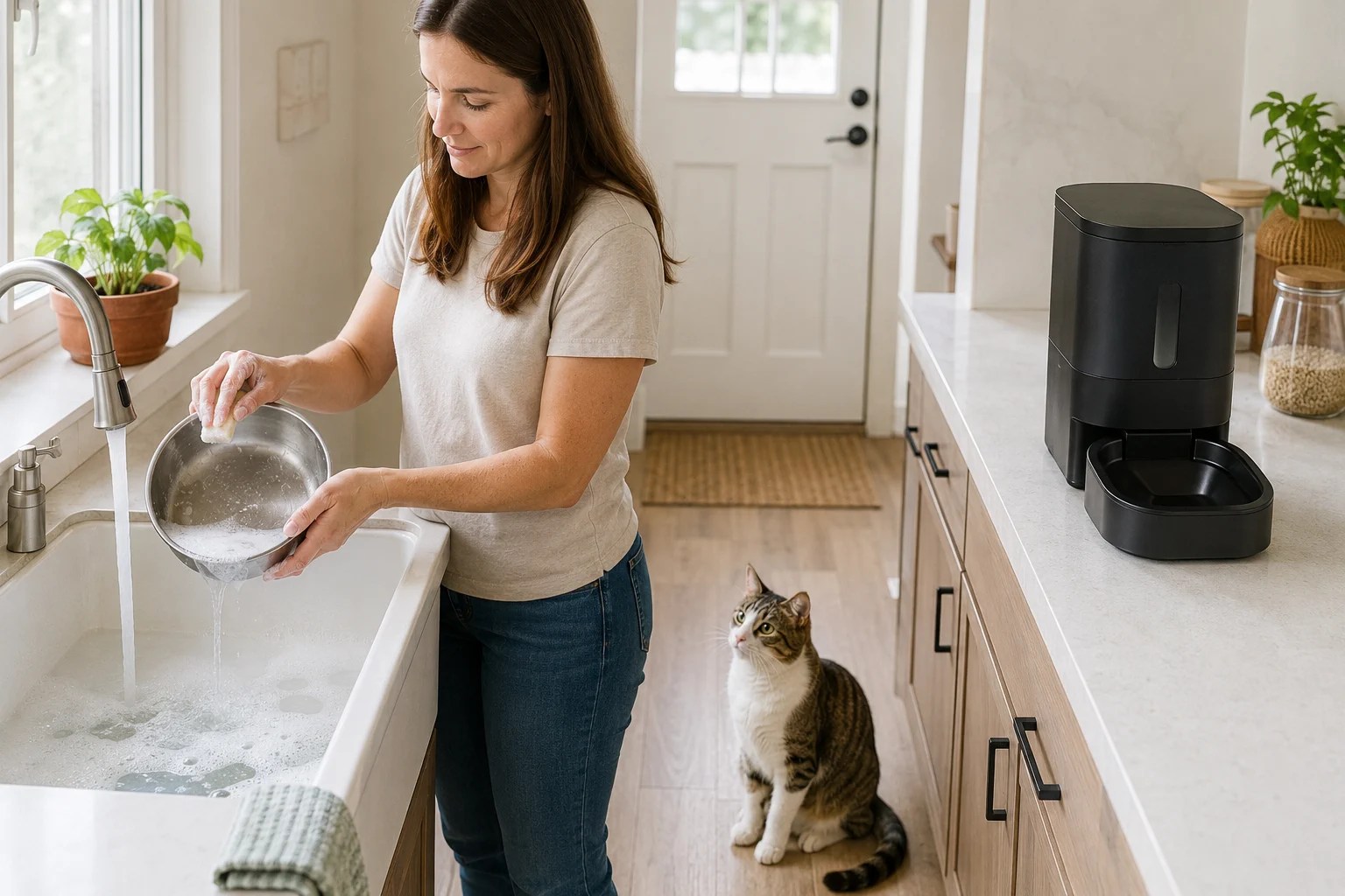 A person washing the removable stainless steel bowl from an automatic cat feeder with warm soapy water.