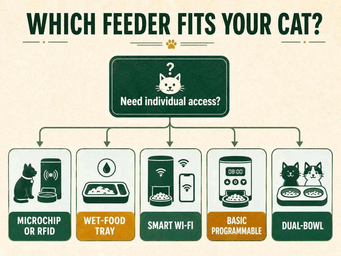 Decision map comparing microchip or RFID, wet-food, smart Wi-Fi, basic programmable, and dual-bowl automatic cat feeders
