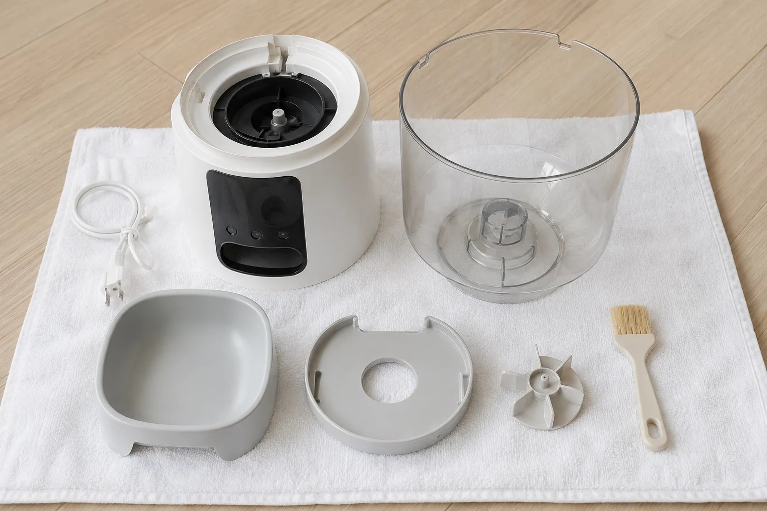 Disassembled automatic cat feeder hopper, rotor, lid, and bowl arranged for cleaning and complete air drying.