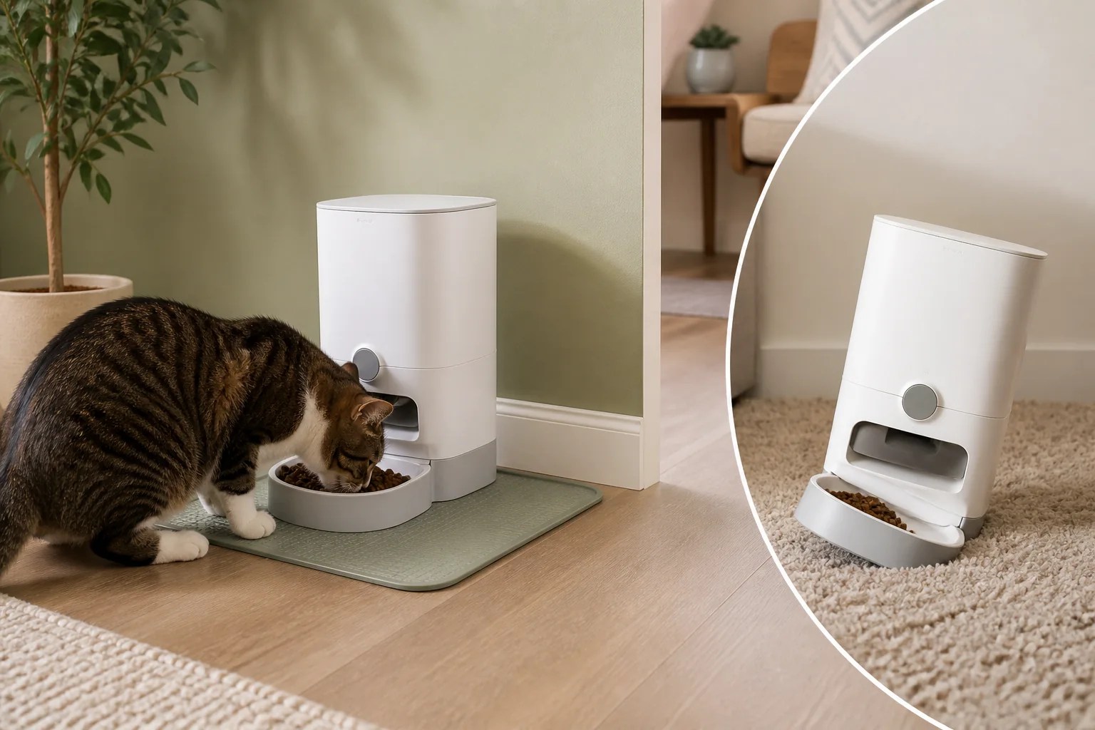 Automatic cat feeder standing securely on a flat non-slip surface