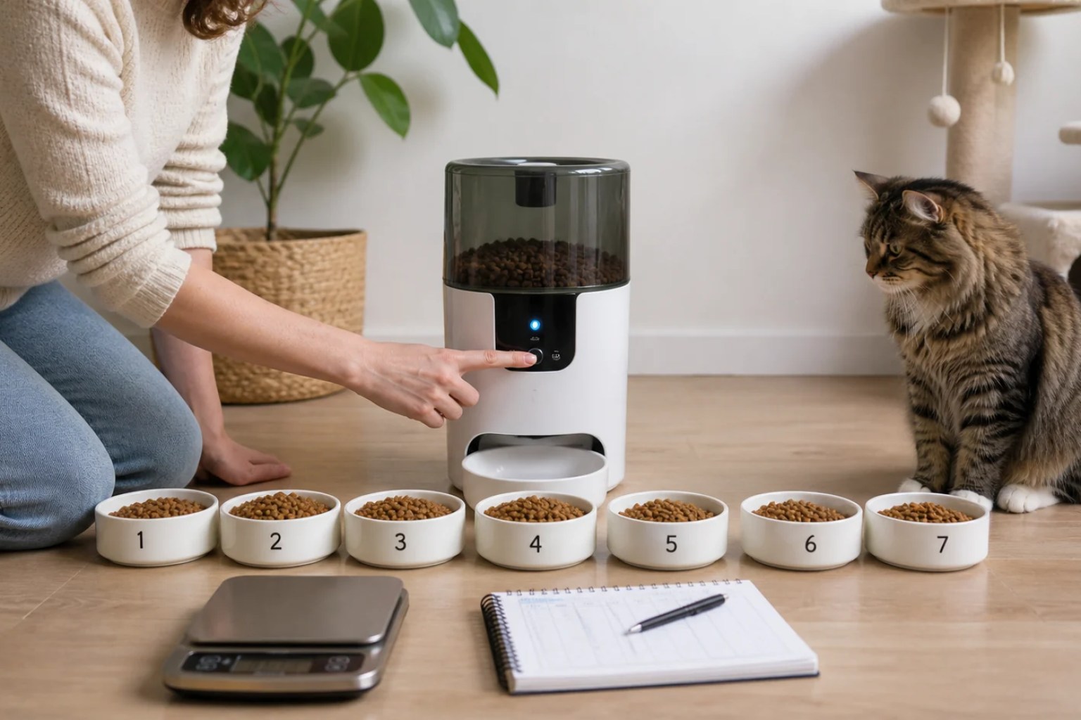 Seven automatic feeder portions arranged for weighing and comparison