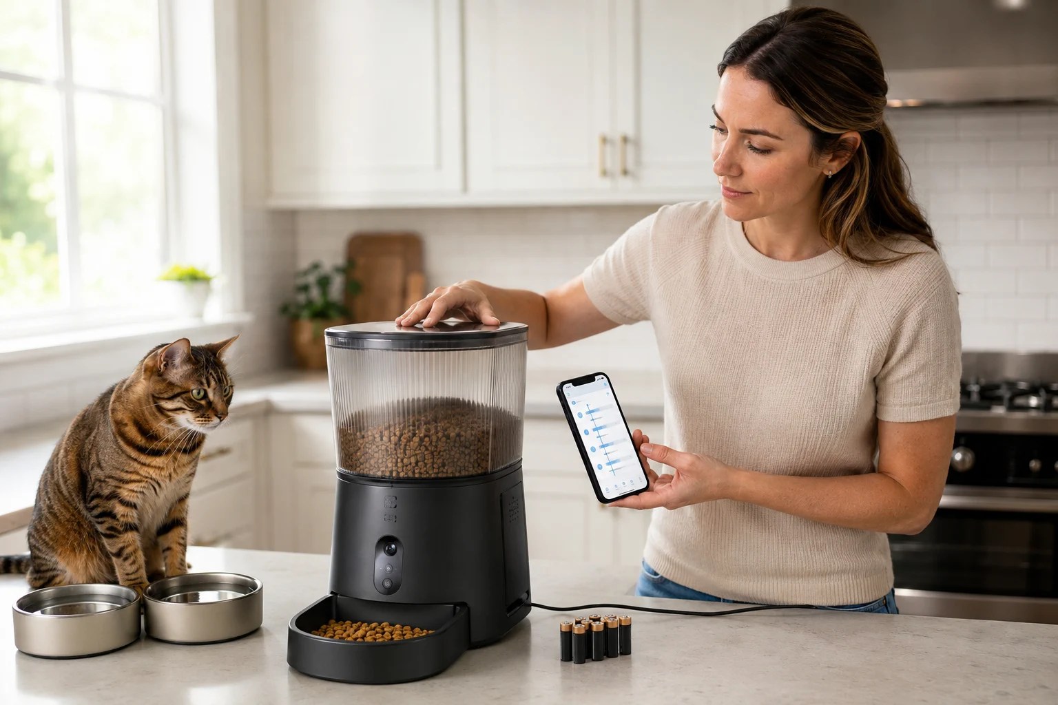 A person checking an automatic cat feeder, backup batteries, water bowl, and feeding schedule before leaving home.