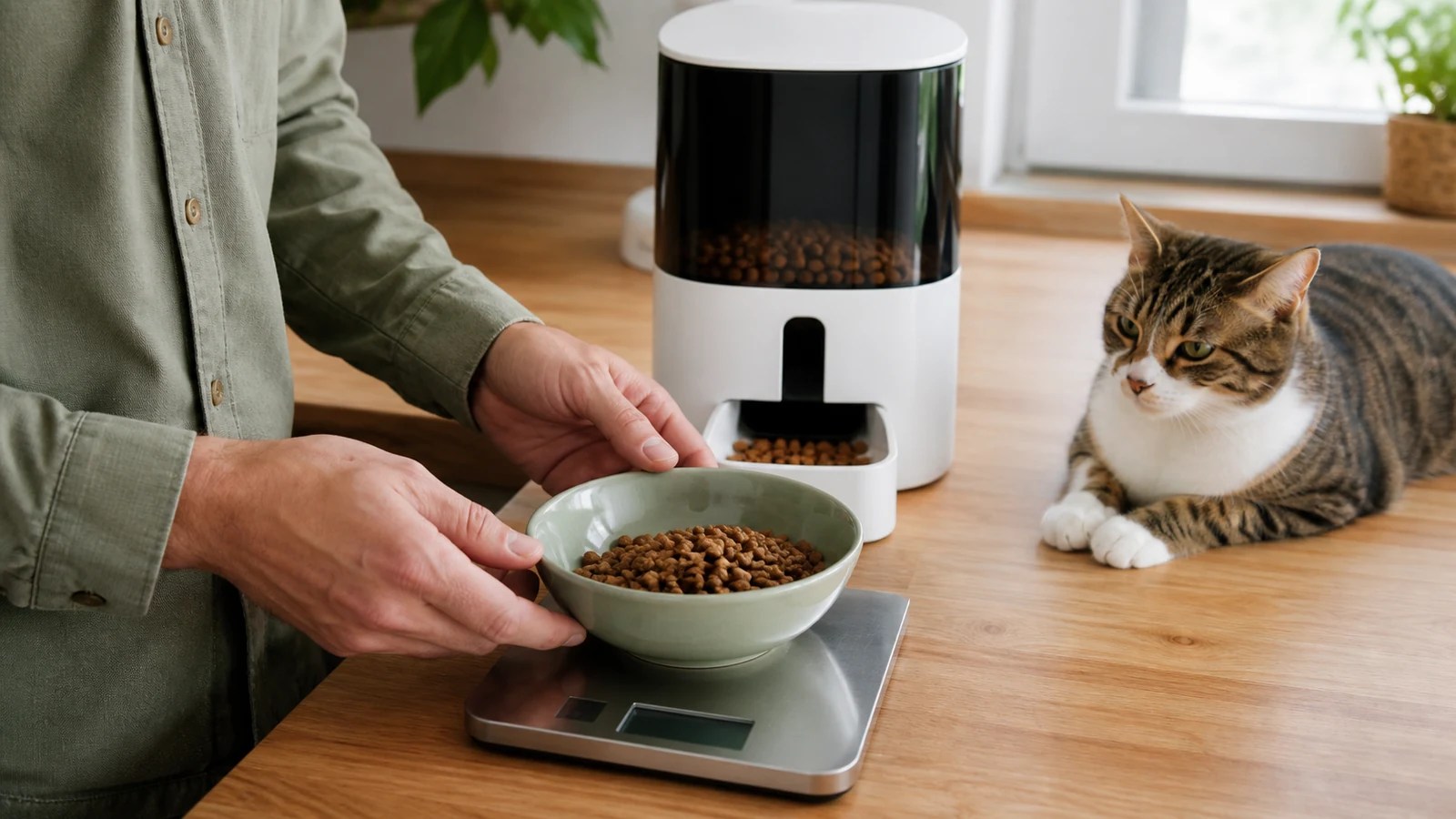 Owner weighing automatic feeder output and setting measured cat meal times