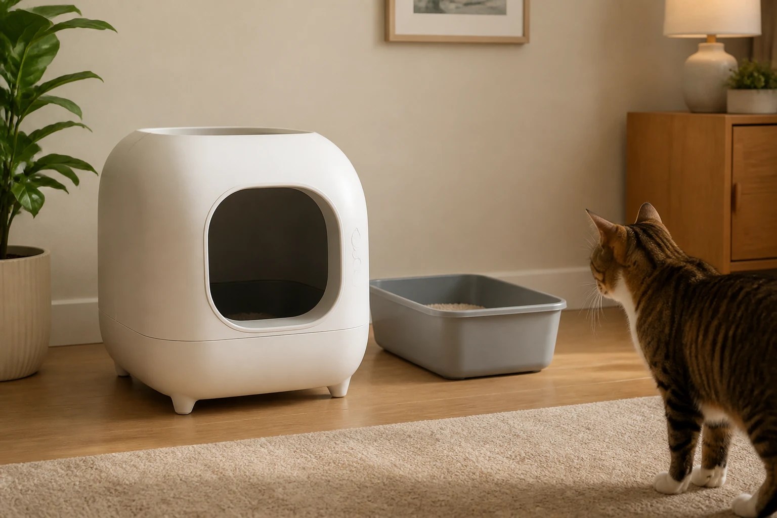 Cat calmly approaching a self-cleaning litter box