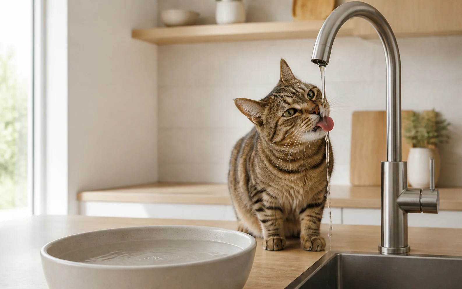 Tabby cat drinking from a kitchen faucet while a water bowl sits nearby