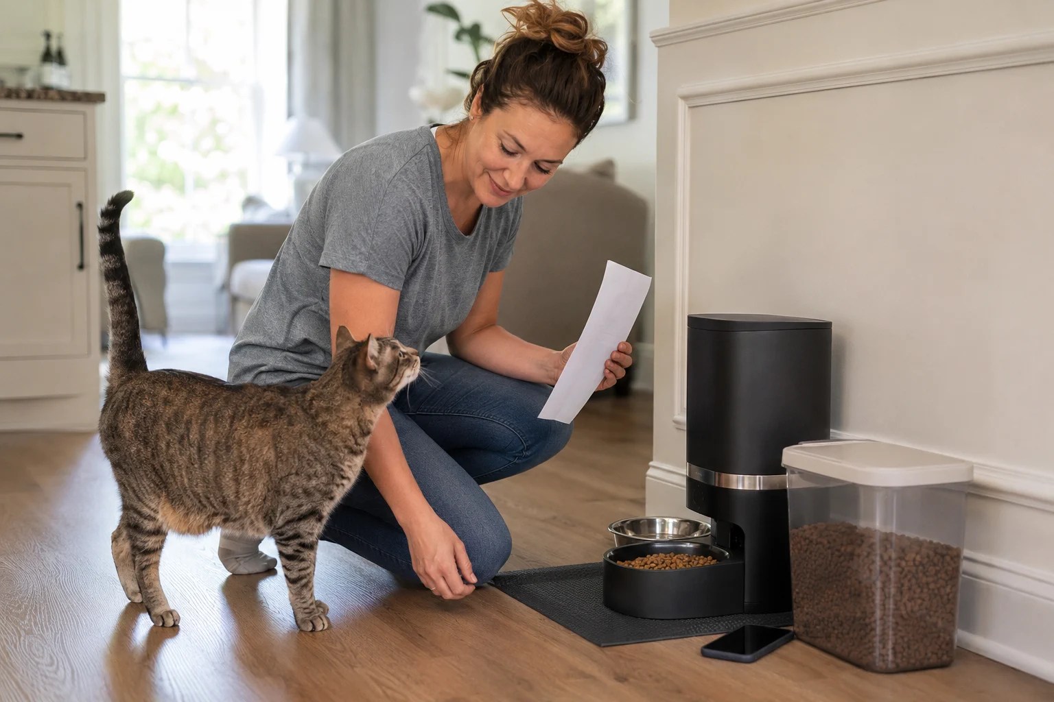 A cat sitter checking an automatic feeder and water bowls while a cat watches nearby.