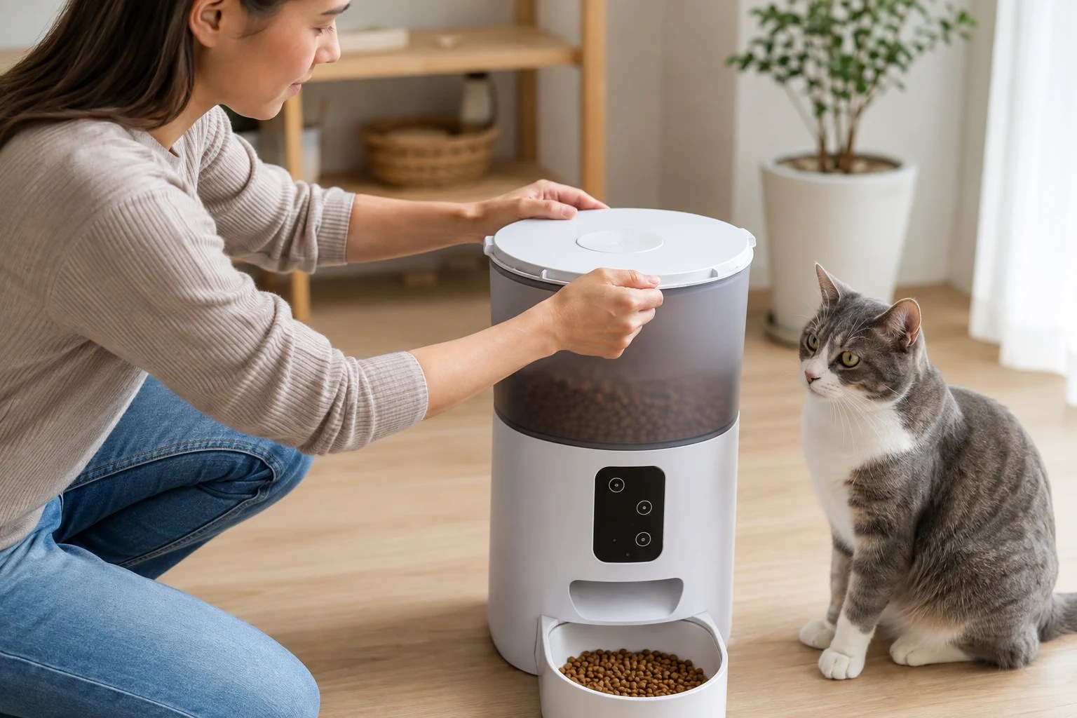 A cat owner checking that the locking lid on an automatic cat feeder is fully secured.