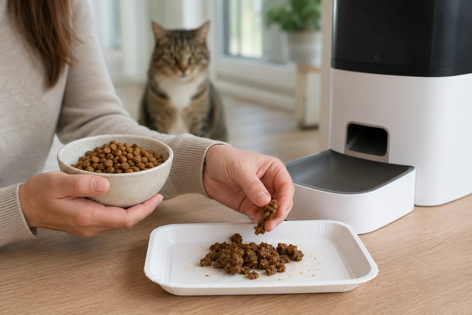 A close inspection comparing fresh dry cat food with damp clumped kibble removed from an automatic feeder.
