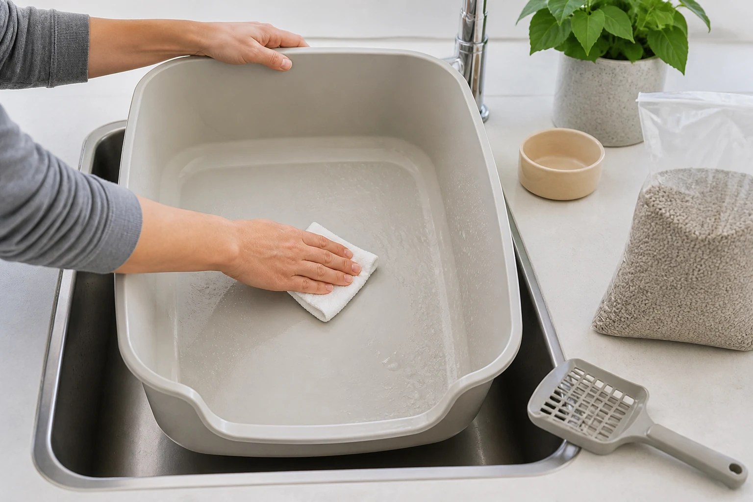 Person gently cleaning a cat litter box with unscented supplies