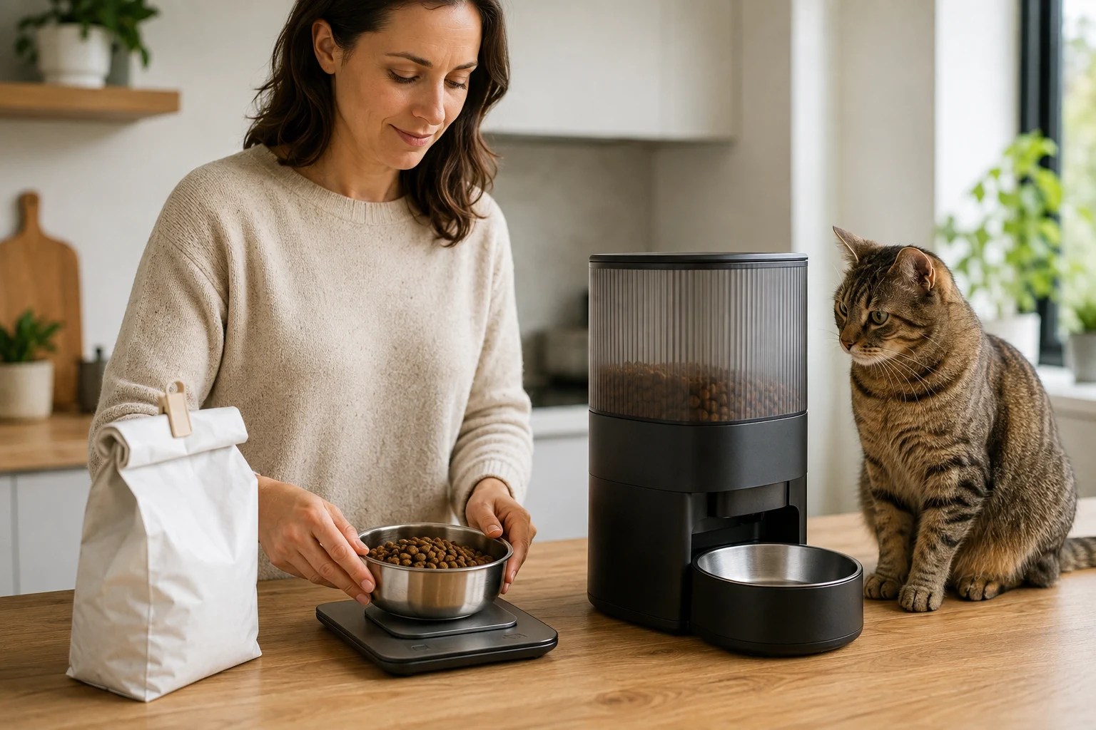 A cat owner weighing several days of dry cat food before filling an automatic feeder hopper.