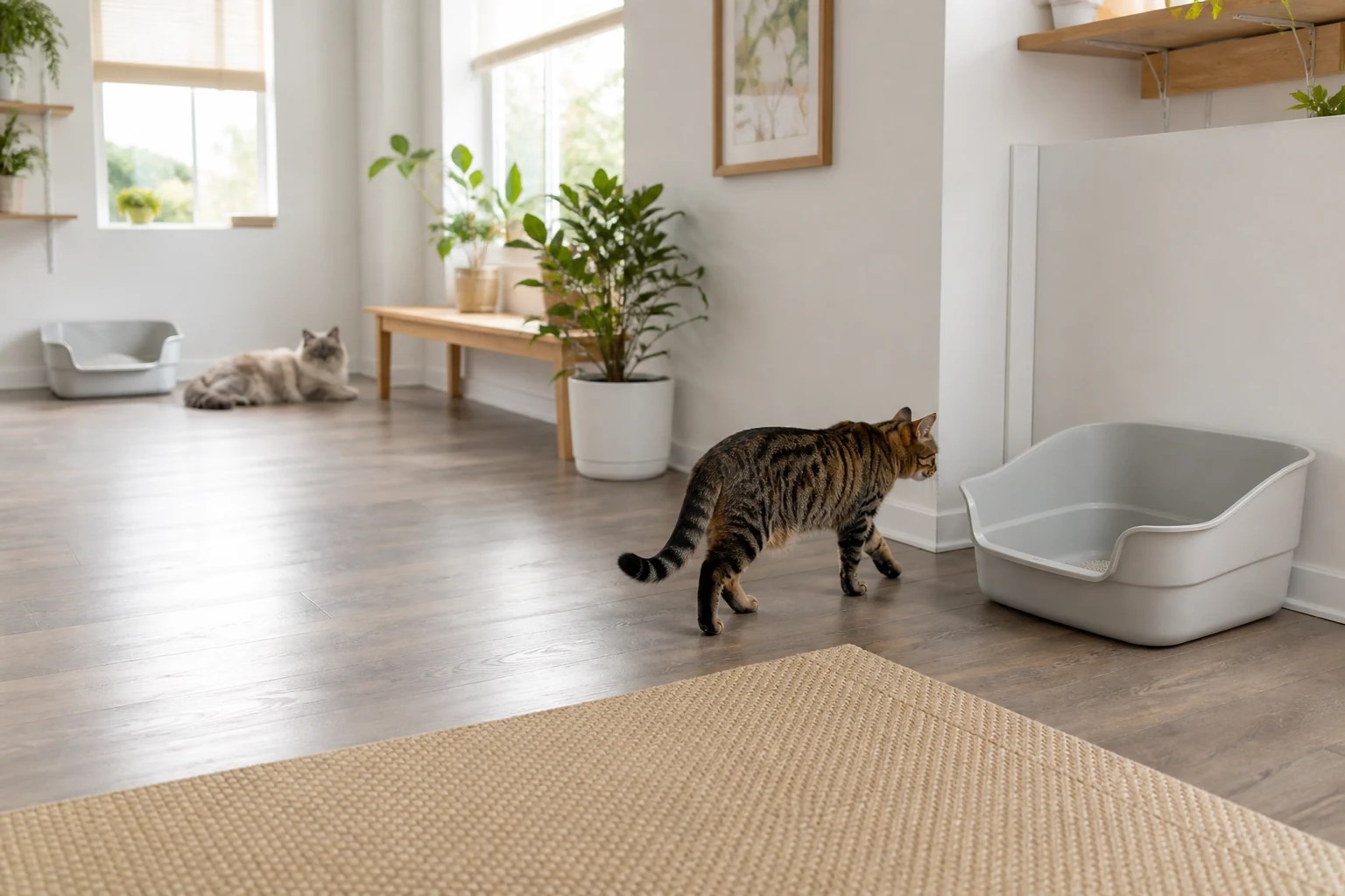 Two cats with separate litter boxes in a calm home