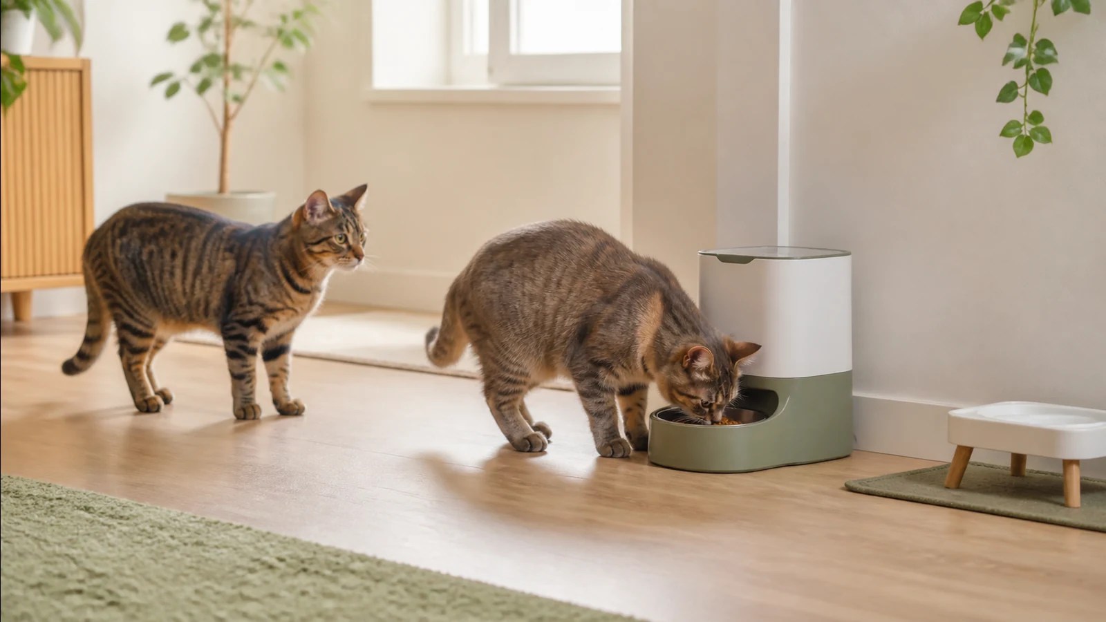 Two cats approaching one shared automatic feeder while one cat controls the bowl