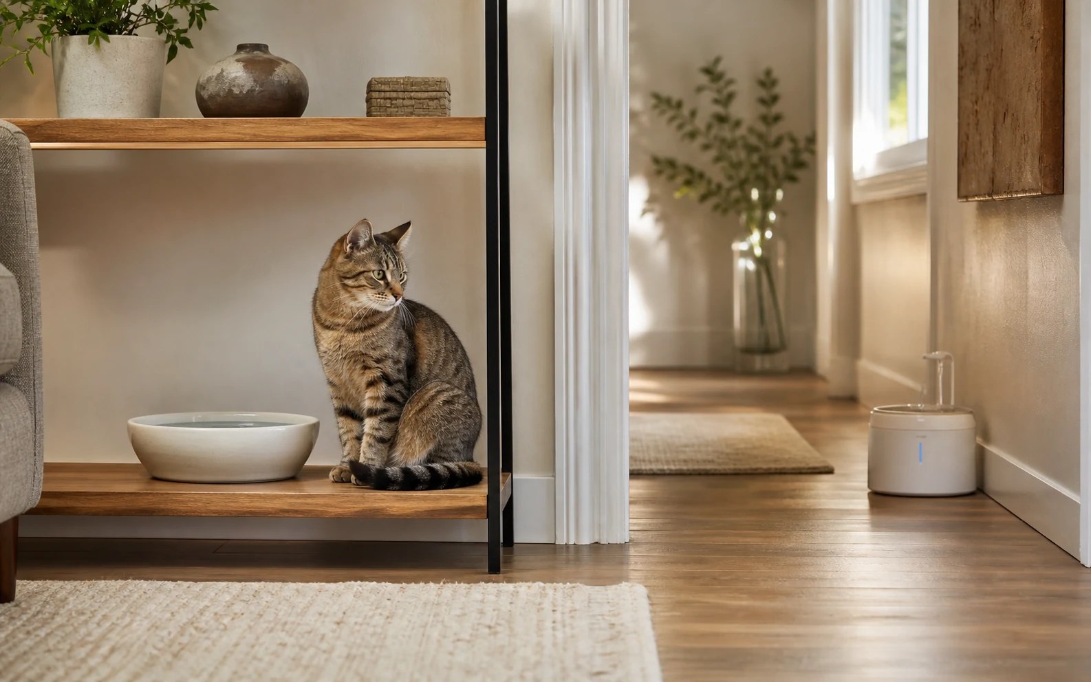 Separate water stations placed in different rooms for a cat