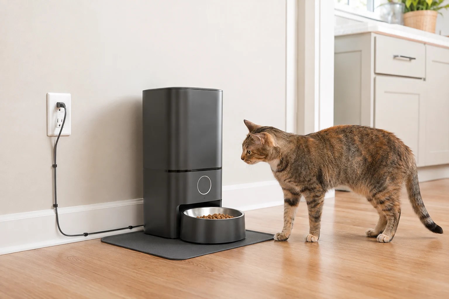A stable automatic cat feeder on a non-slip surface with a safely routed power cord.