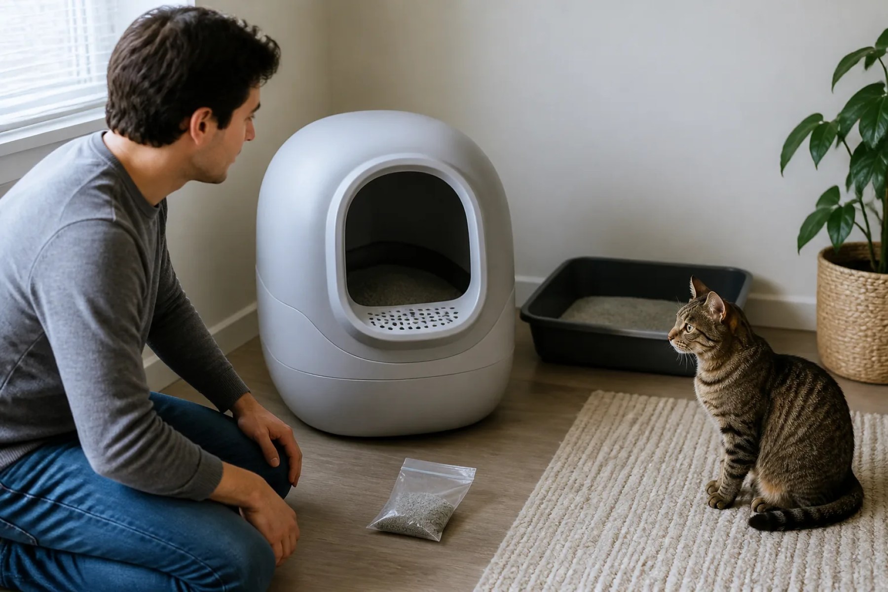 Owner supervising a litter compatibility test with a cat and a familiar backup box nearby