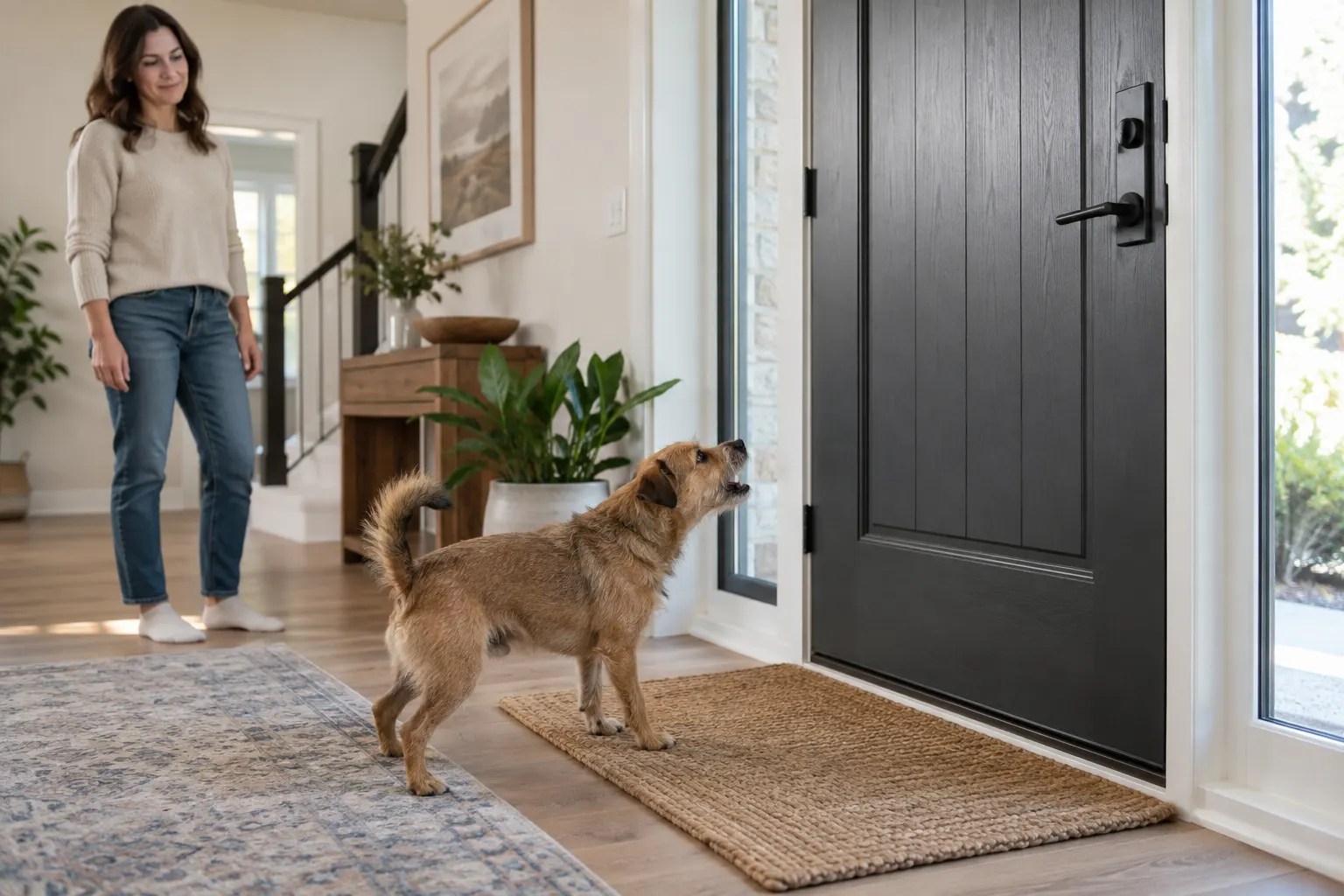 Dog barking toward a closed front door while its owner watches