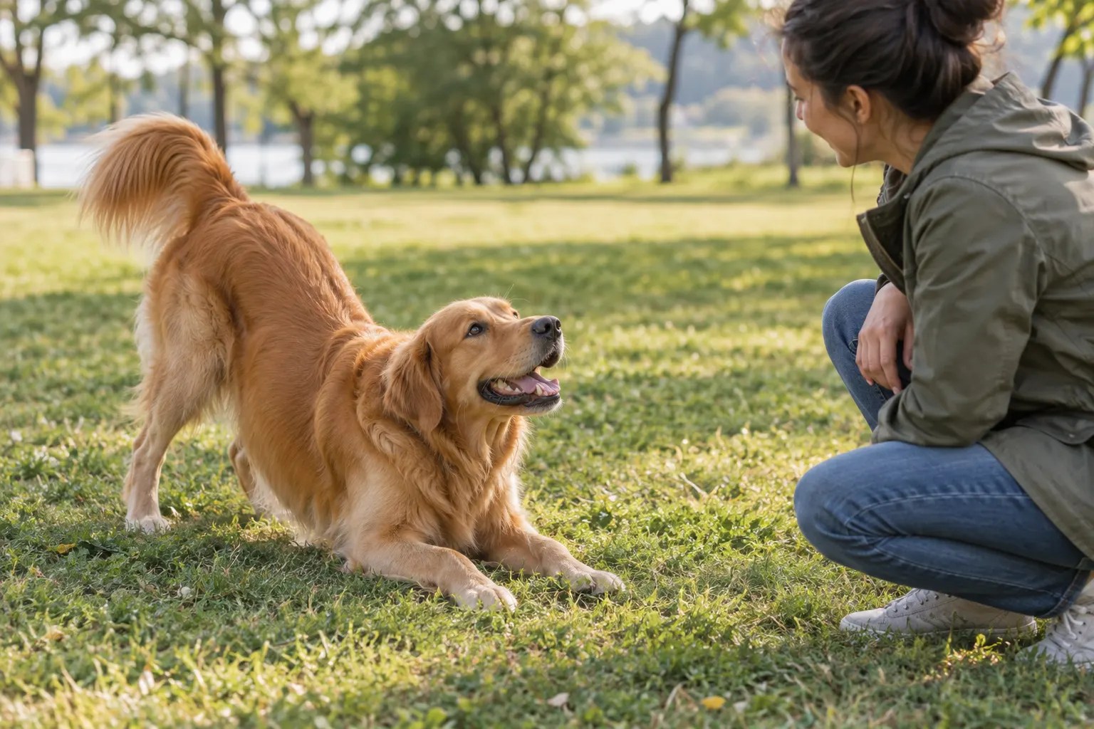 Relaxed dog in a play bow outdoors with its owner nearby