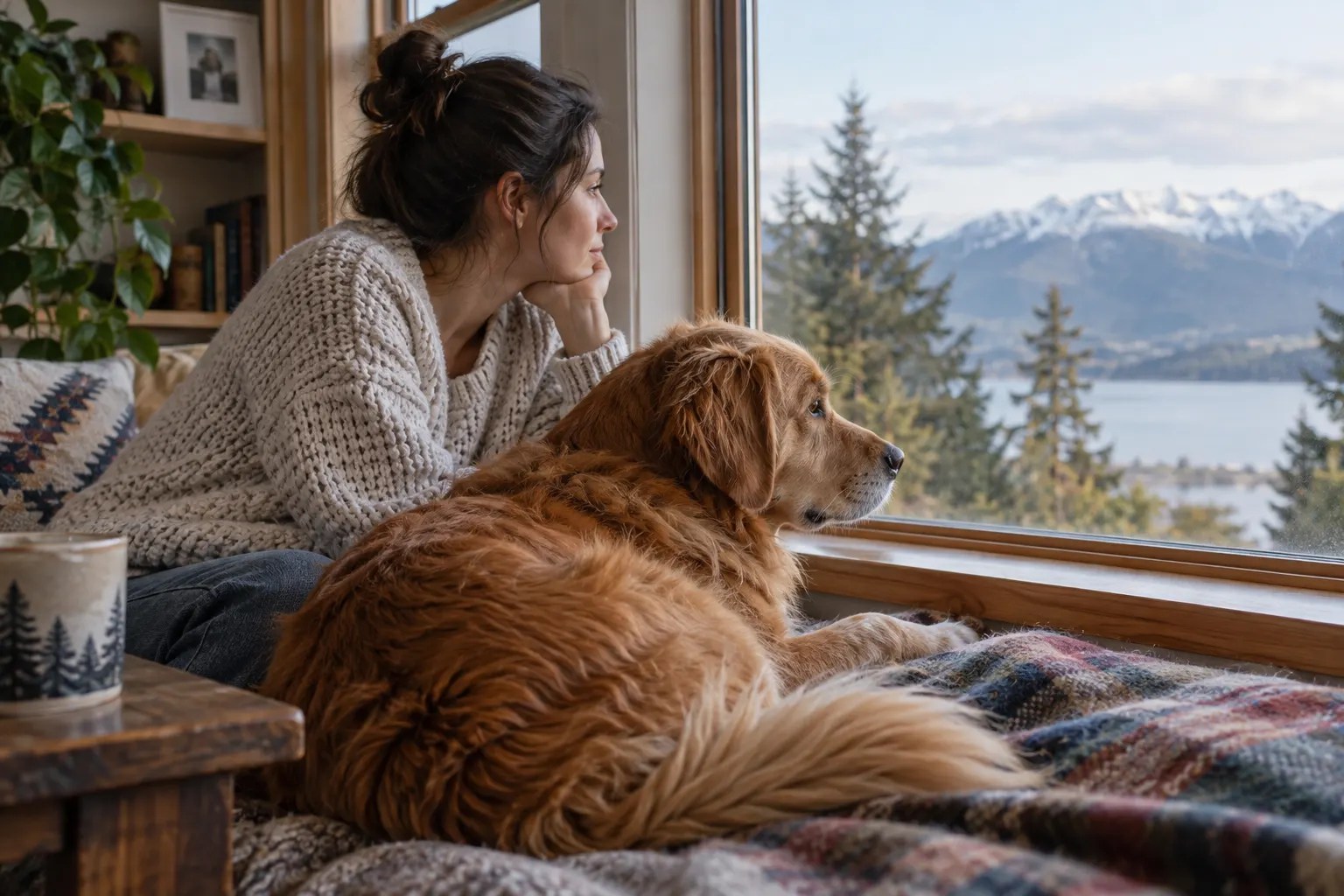 Dog watching from a window with ears and tail visible