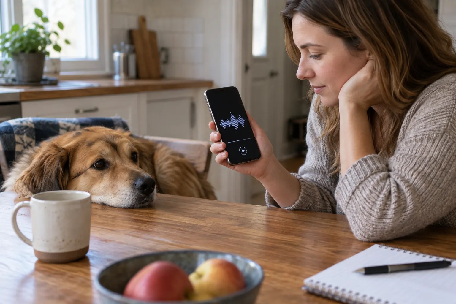 Owner listening to a short bark recording while the dog rests nearby