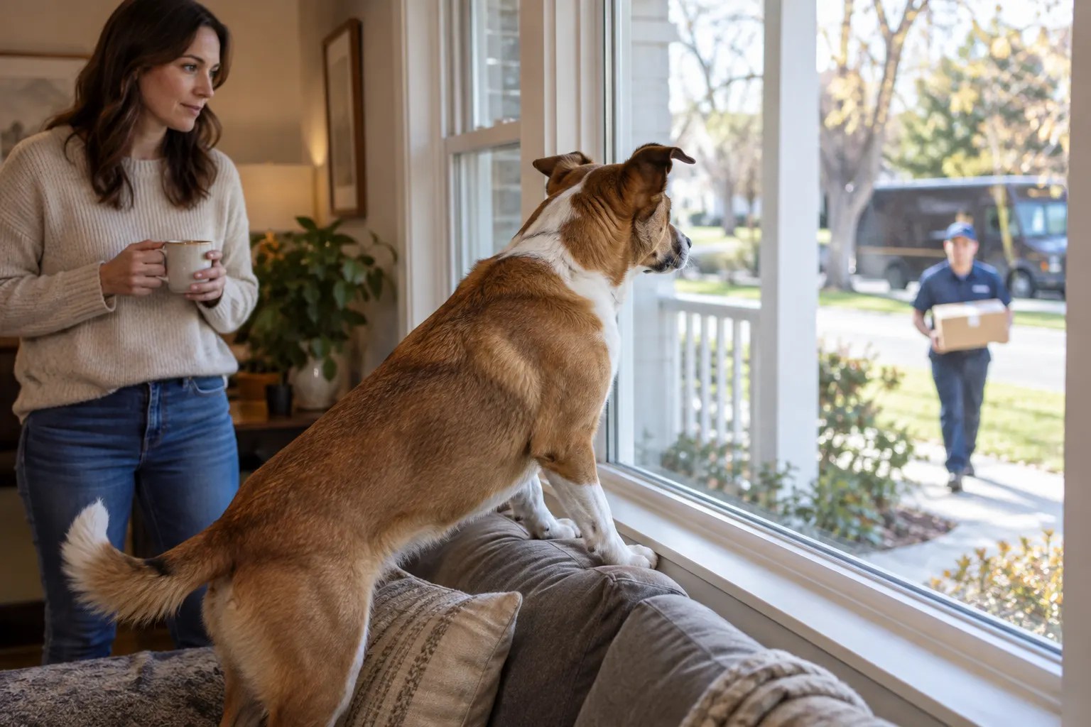 Dog responding to a distant delivery person outside a closed window