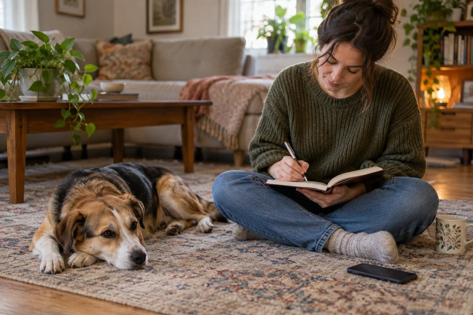 Dog resting while owner writes a short observation in a notebook