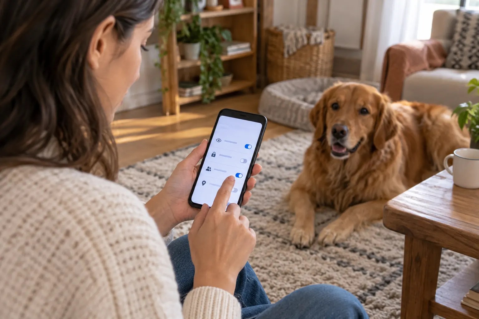 Owner reviewing phone privacy settings before recording a dog