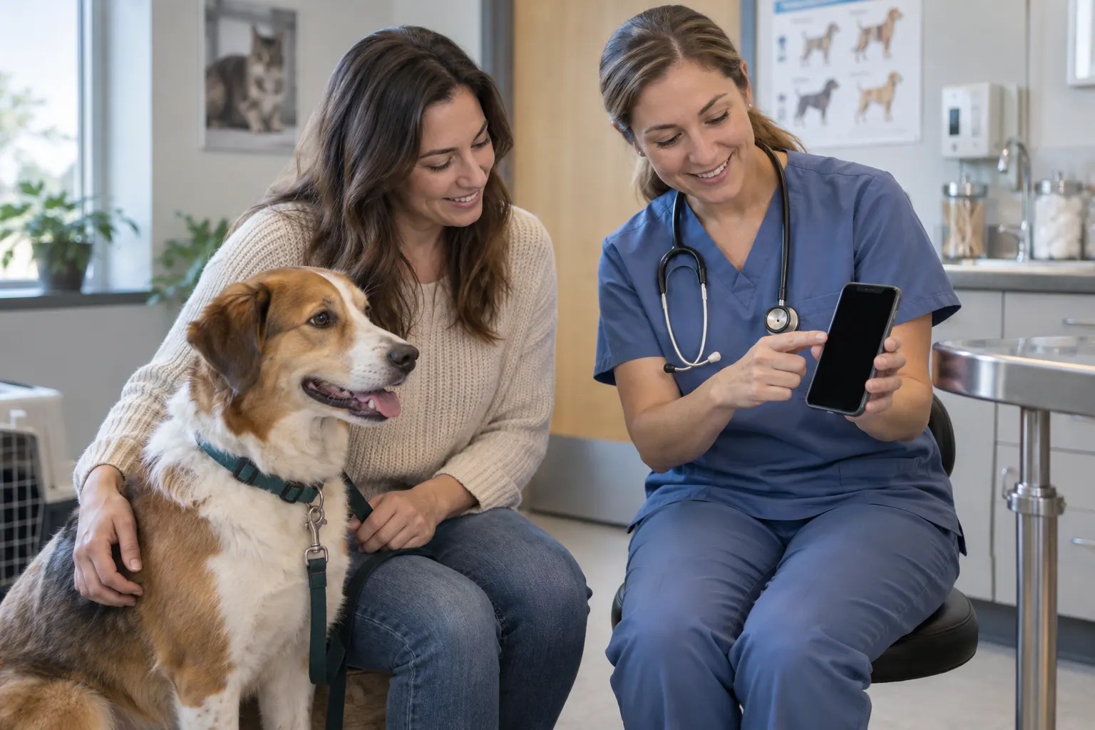 Dog owner discussing a phone video with a veterinarian