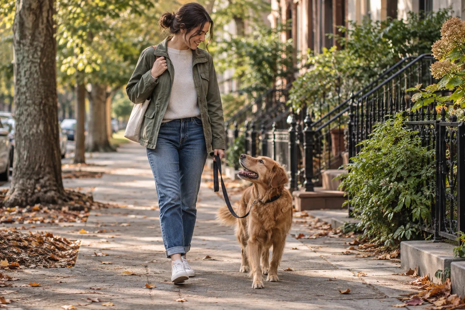 Dog calmly looking up at its owner during a leashed walk