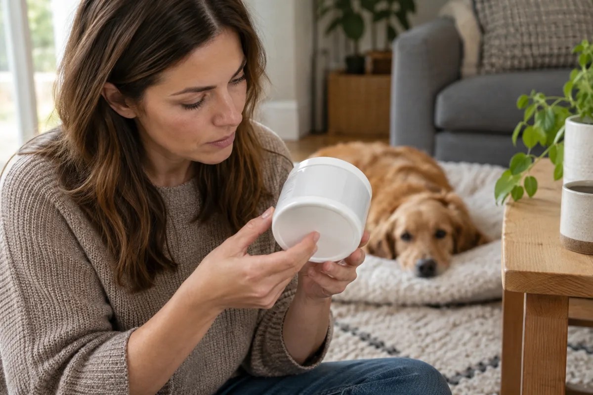 Owner examining the base of an unbranded dog supplement tub for a batch code