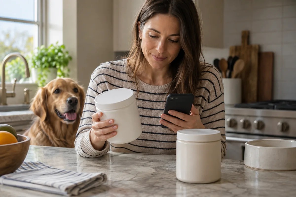 Owner comparing two plain pet supplement containers with information on a phone