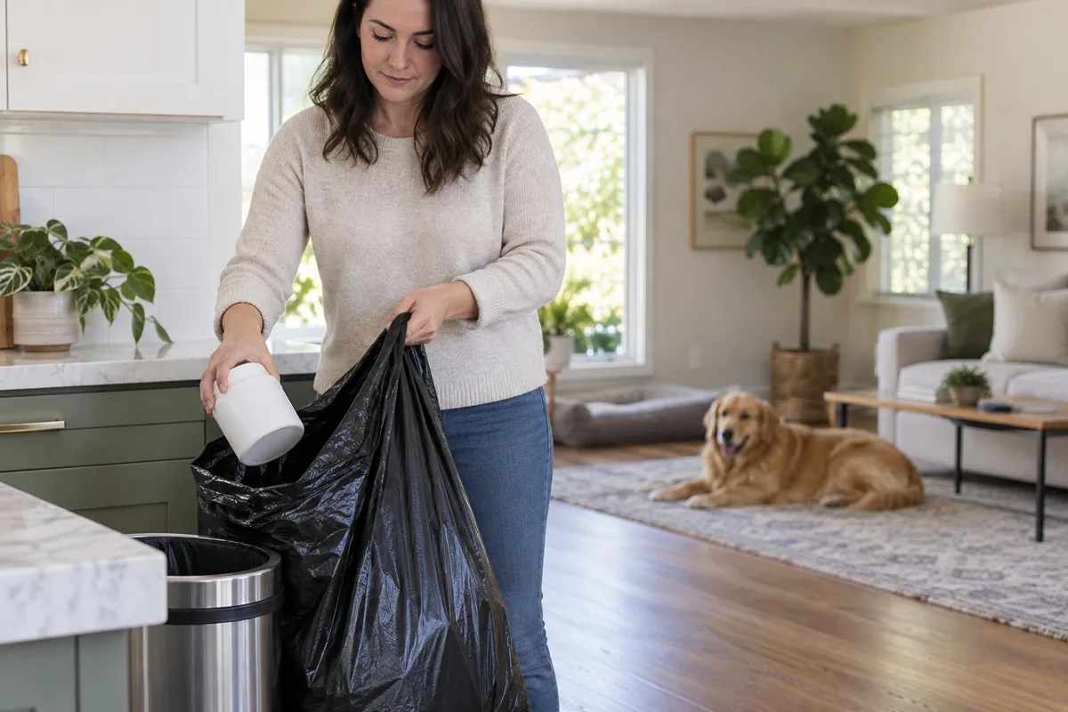 Owner putting an unbranded pet supplement tub into a sealed trash bag away from the dog
