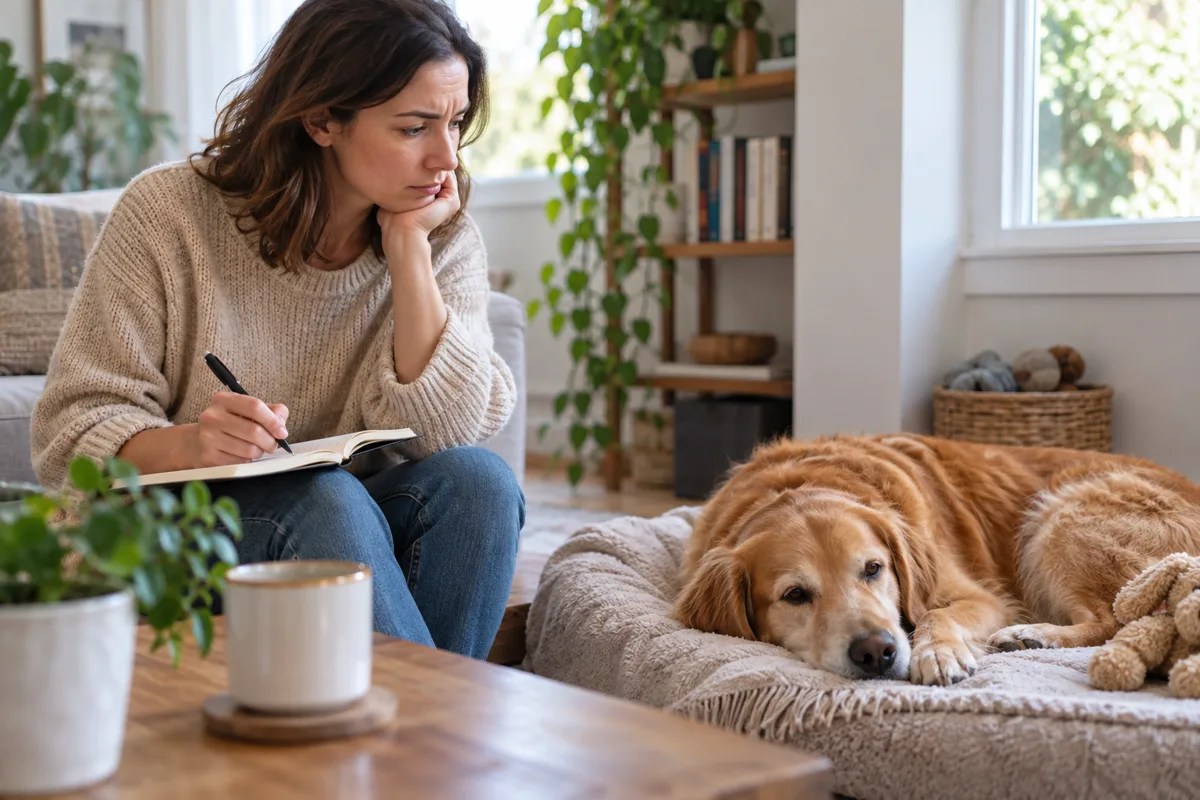 Owner observing a resting dog and writing down changes in appetite and energy