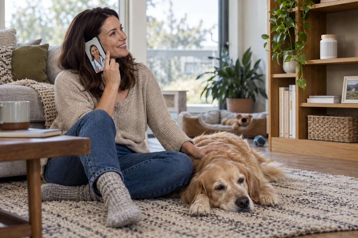 Dog owner calling a veterinarian while a dog rests nearby
