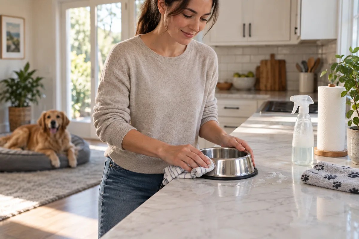 Owner cleaning a dog feeding bowl and nearby countertop