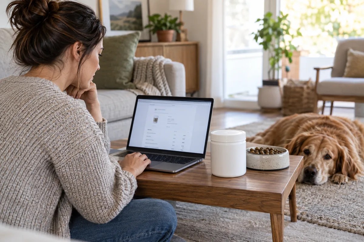 Owner reviewing an online pet supplement order history next to an unbranded tub