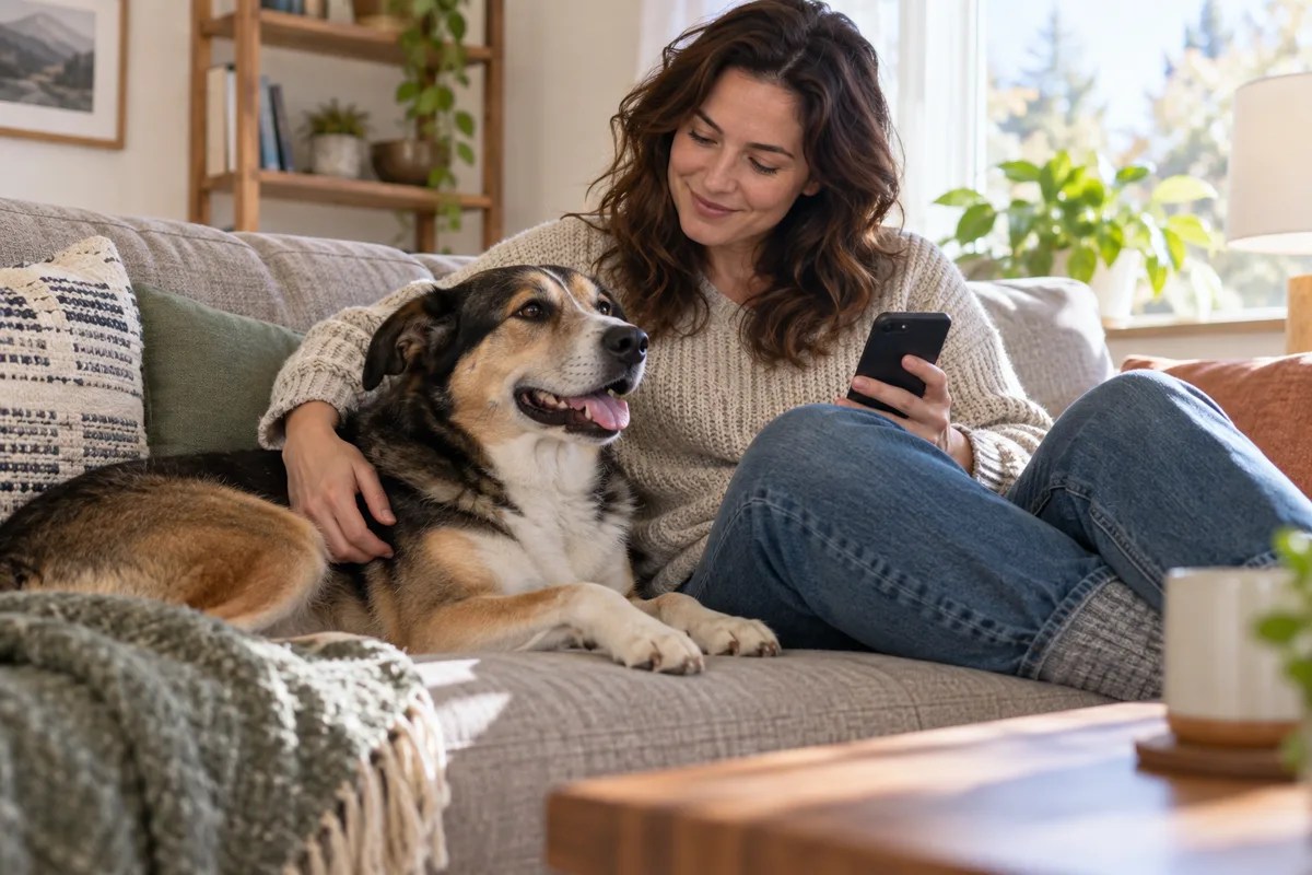 Healthy dog resting with owner after recall details have been checked